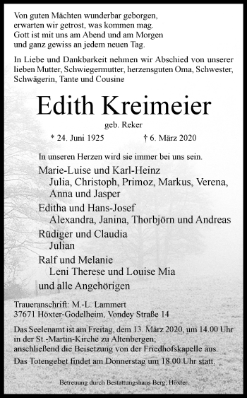 Traueranzeige von Edith Kreimeier von Westfalen-Blatt