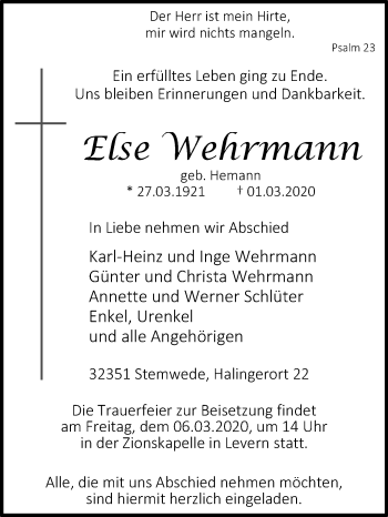 Traueranzeige von Else Wehrmann von Westfalen-Blatt