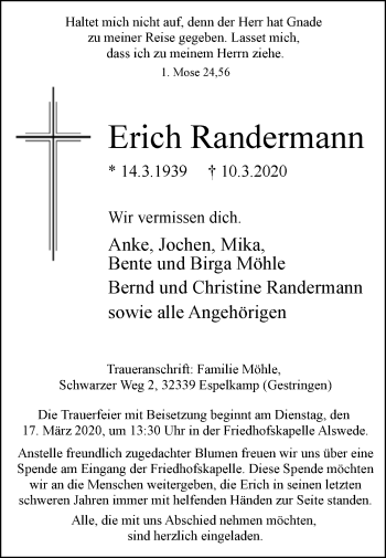 Traueranzeige von Erich Randermann von Westfalen-Blatt