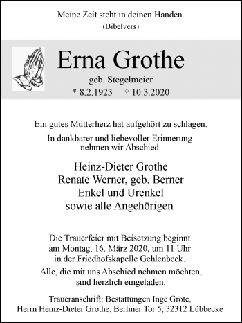 Traueranzeige von Erna Grothe von Westfalen-Blatt