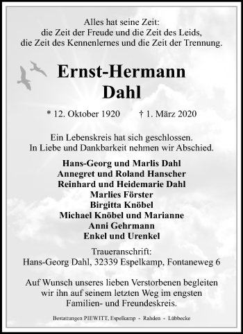 Traueranzeige von Ernst-Hermann Dahl von Westfalen-Blatt