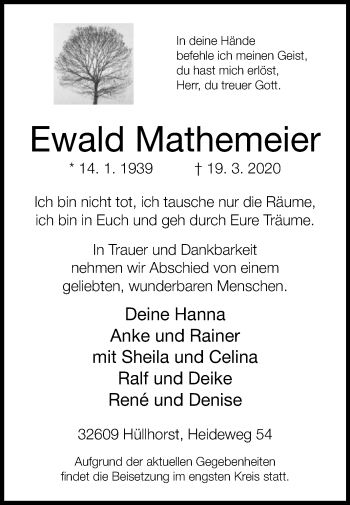 Traueranzeige von Ewald Mathemeier von Westfalen-Blatt