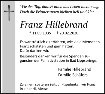 Traueranzeige von Franz Hillebrand von Westfalen-Blatt