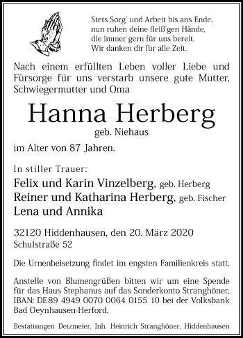 Traueranzeige von Hanna Herberg von Westfalen-Blatt