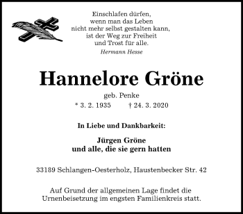 Traueranzeige von Hannelore Gröne von Westfalen-Blatt