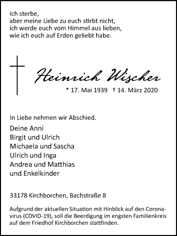 Traueranzeige von Heinrich Wischer von Westfalen-Blatt