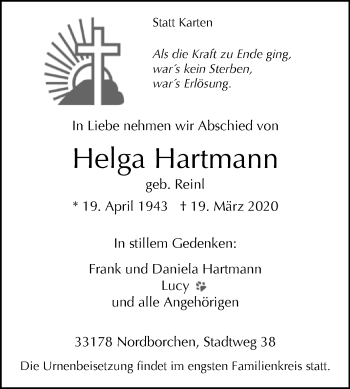 Traueranzeige von Helga Hartmann von Westfalen-Blatt