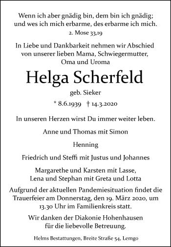 Traueranzeige von Helga Scherfeld von Westfalen-Blatt