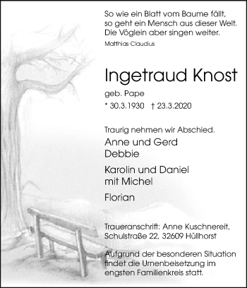 Traueranzeige von Ingetraud Knost von Westfalen-Blatt