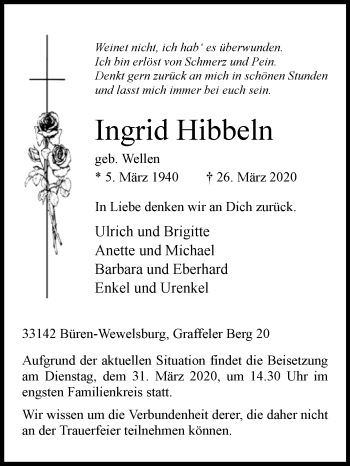 Traueranzeige von Ingrid Hibbeln von Westfalen-Blatt