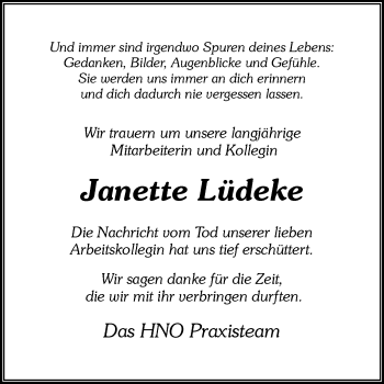 Traueranzeige von Janette Lüdeke von Westfalen-Blatt