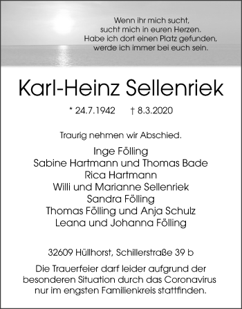 Traueranzeige von Karl-Heinz Sellenriek von Westfalen-Blatt