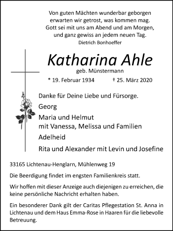 Traueranzeige von Katharina Ahle von Westfalen-Blatt