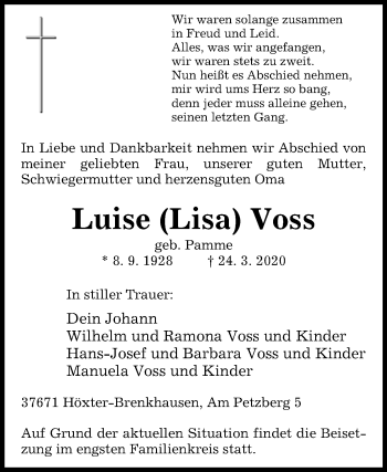 Traueranzeige von Luise Voss von Westfalen-Blatt