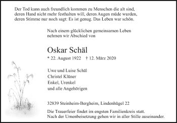 Traueranzeige von Oskar Schäl von Westfalen-Blatt