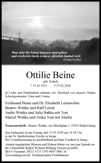 Traueranzeige von Ottilie Beine von Westfalen-Blatt