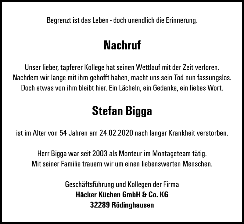  Traueranzeige für Stefan Bigga vom 02.03.2020 aus Westfalen-Blatt