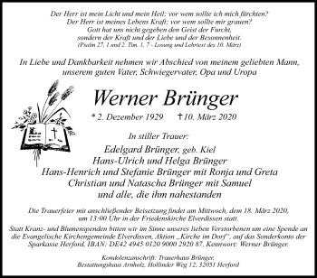 Traueranzeige von Werner Brünger von Westfalen-Blatt