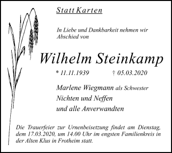 Traueranzeige von Wilhelm Steinkamp von Westfalen-Blatt