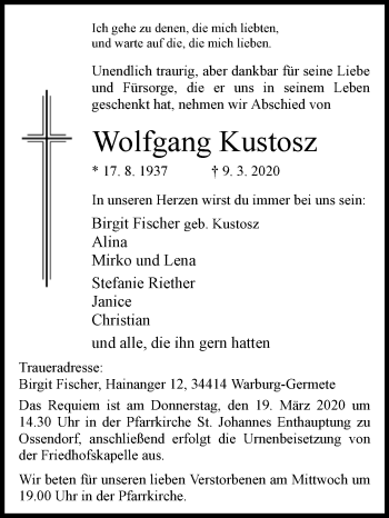 Traueranzeige von Wolfgang Kustosz von Westfalen-Blatt