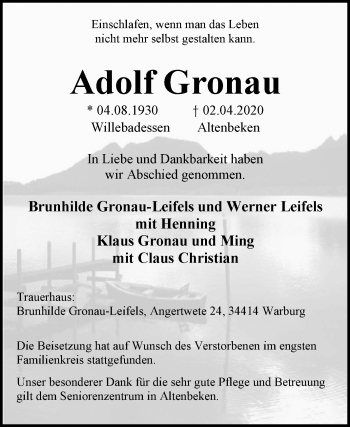 Traueranzeige von Adolf Gronau von Westfalen-Blatt