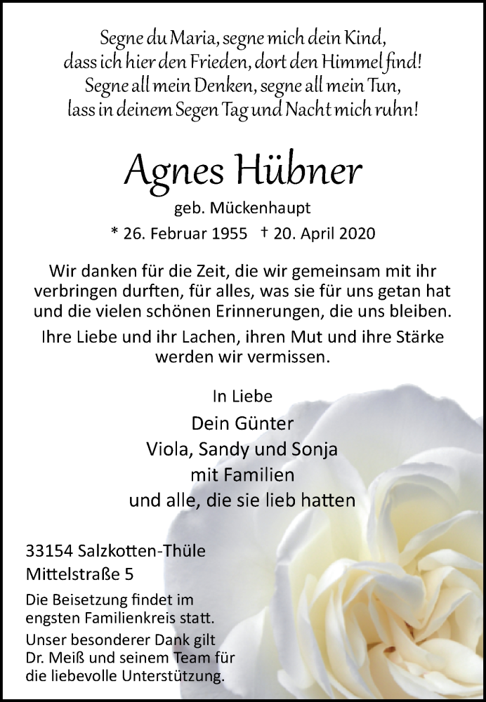  Traueranzeige für Agnes Hübner vom 25.04.2020 aus Westfalen-Blatt