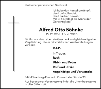 Traueranzeige von Alfred Otto Böhnke von Westfalen-Blatt