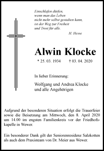 Traueranzeige von Alwin Klocke von Westfalen-Blatt