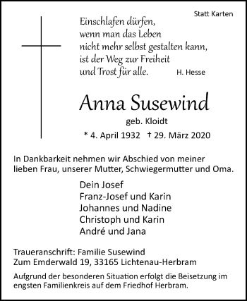 Traueranzeige von Anna Susewind von Westfalen-Blatt