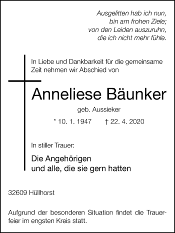 Traueranzeige von Anneliese Bäunker von Westfalen-Blatt