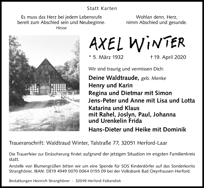  Traueranzeige für Axel Winter vom 23.04.2020 aus Westfalen-Blatt