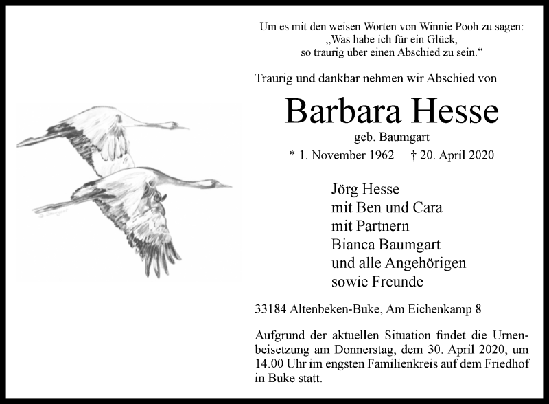  Traueranzeige für Barbara Hesse vom 25.04.2020 aus Westfalen-Blatt