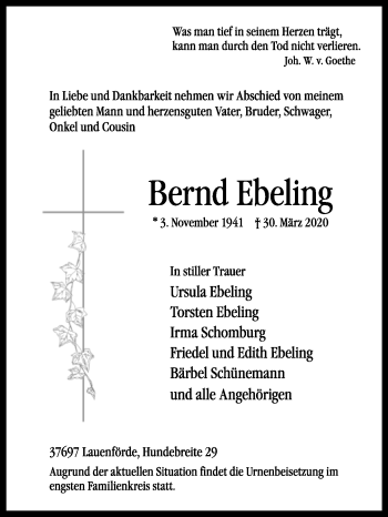 Traueranzeige von Bernd Ebeling von Westfalen-Blatt