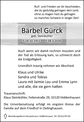 Traueranzeige von Bärbel Gürck von Westfalen-Blatt