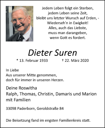 Traueranzeige von Dieter Suren von Westfalen-Blatt