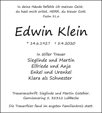 Traueranzeige von Edwin Klein von Westfalen-Blatt