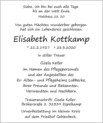 Traueranzeige von Elisabeth Kottkamp von Westfalen-Blatt