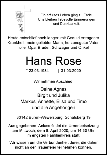 Traueranzeige von Hans Rose von Westfalen-Blatt