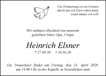 Traueranzeige von Heinrich Elsner von Westfalen-Blatt