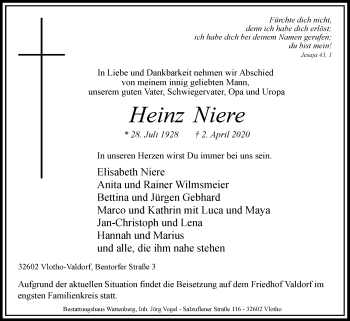 Traueranzeige von Heinz Niere von Westfalen-Blatt