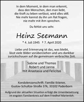 Traueranzeige von Heinz Seemann von Westfalen-Blatt