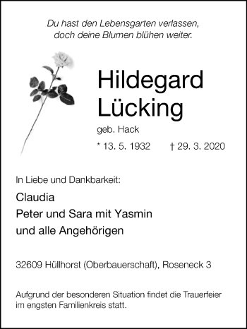 Traueranzeige von Hildegard Lücking von Westfalen-Blatt