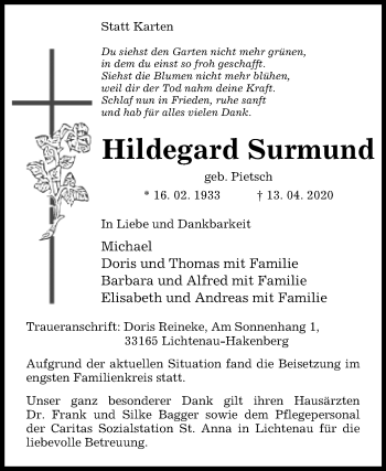 Traueranzeige von Hildegard Surmund von Westfalen-Blatt