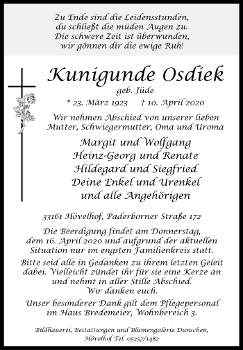 Traueranzeige von Kunigunde Osdiek von Westfalen-Blatt