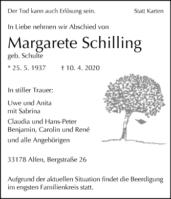 Traueranzeige von Margarete Schilling von Westfalen-Blatt