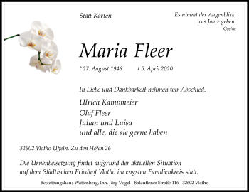 Traueranzeige von Maria Fleer von Westfalen-Blatt