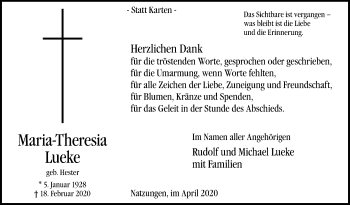 Traueranzeige von Maria-Theresia Lueke von Westfalen-Blatt