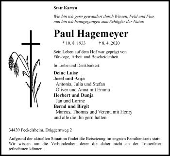 Traueranzeige von Paul Hagemeyer von Westfalen-Blatt