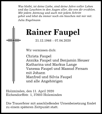 Traueranzeige von Rainer Faupel von Westfalen-Blatt