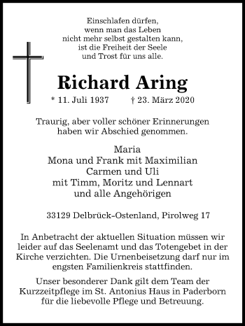 Traueranzeige von Richard Aring von Westfalen-Blatt